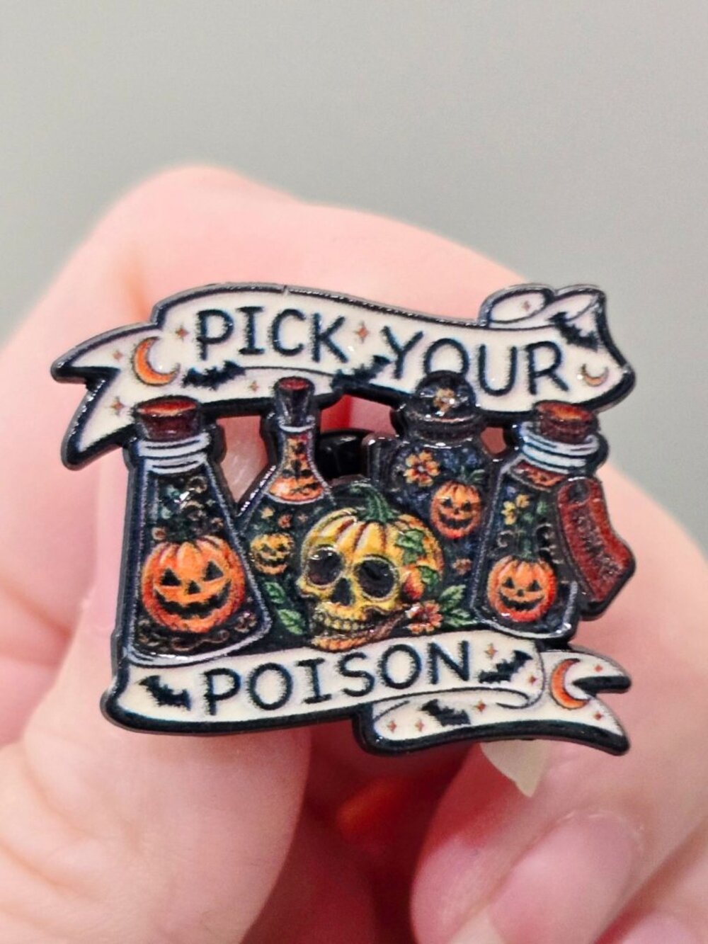 Artisan Pick Your Poison Halloween Pumpkin Skull Enamel Pin Spooky Goth Gift NWT